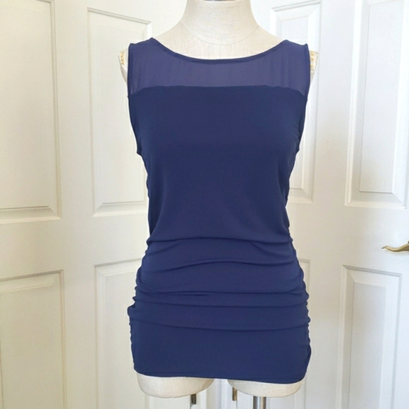ANN TAYLOR Elegant Navy Blue Sleeveless Top Sheer Ruched Minimalist - Picture 1 of 9